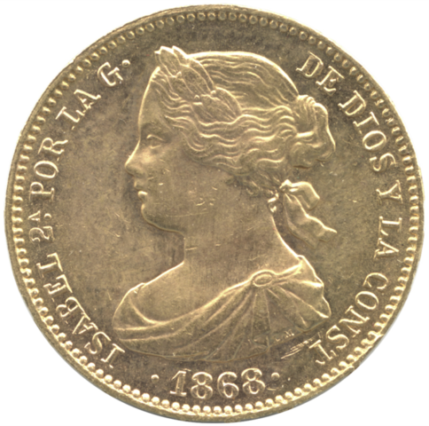 イザベラ2世 10エスクード金貨 マドリード鋳 1868年