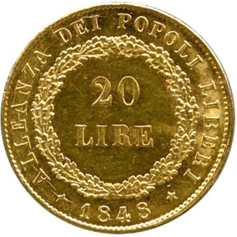 ヴェネティアの獅子 20リレ金貨 1848年