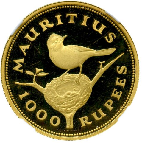 モーリシャス エリザベス2世 生物保護シリーズ 太蘭鳥 1000ルピー金貨 1975年