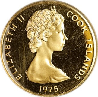 クック諸島 エリザベス2世 ジョージ3世とジェームズ・クック帆船図 100ドル金貨 1975年