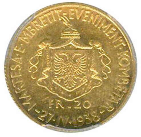 アルバニア ゾク1世 20フランガ・アリ金貨 1938年