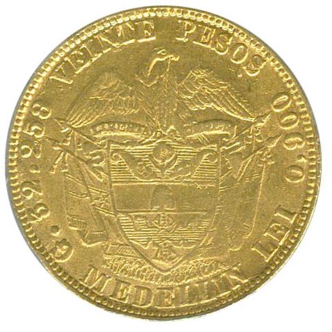 コロンビア 20ペソ金貨 1869年