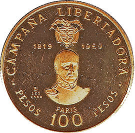 コロンビア ボヤカの戦い150周年記念 100ペソ金貨 1969年
