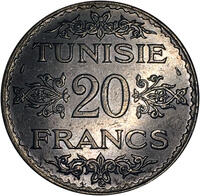 チュニジア アフマド2世 20フラン銀貨 1935-1937年